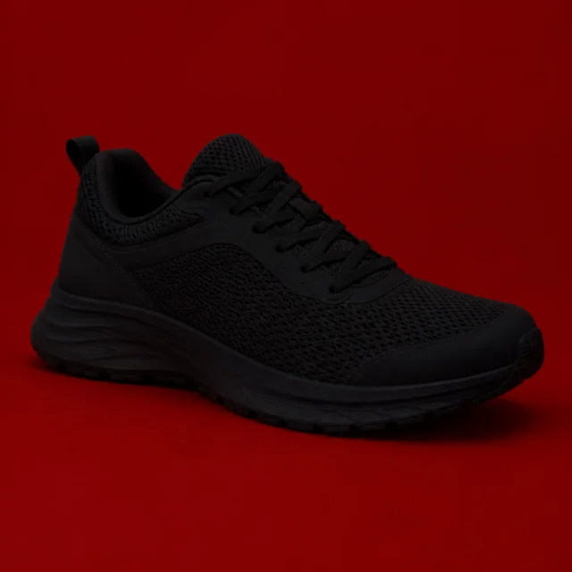 Charcoal technical shoe in low, moody light against a red background; its details are hard to see.