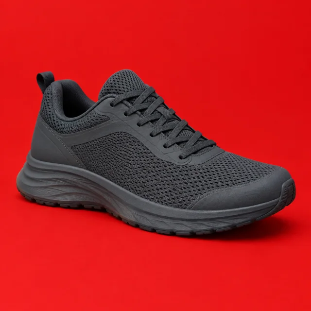 Technical running shoe fully visible on a red studio backdrop.