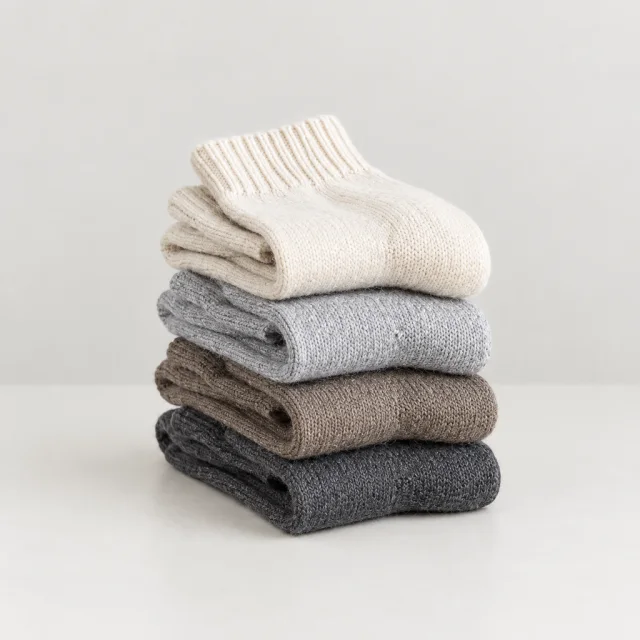 Wool socks clearly arranged against a quiet neutral background.