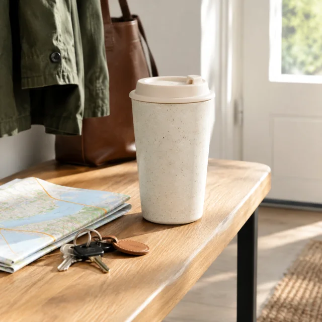 Speckled ceramic travel cup beside a folded map and keys.