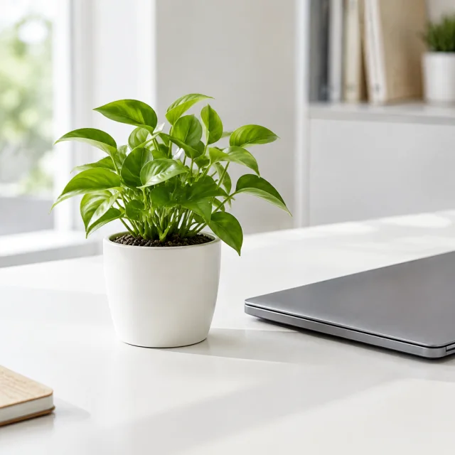 Small desk plant beside an open laptop.