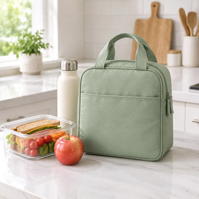 Sage insulated lunch bag standing on a bright kitchen counter.