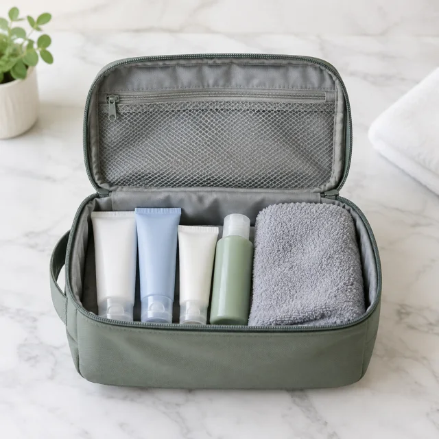 Travel toiletry kit in a plain open bag on a stone counter.