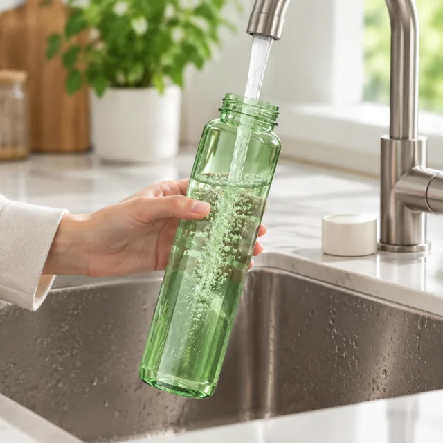 Green glass bottle beside a water glass at a bright kitchen sink.