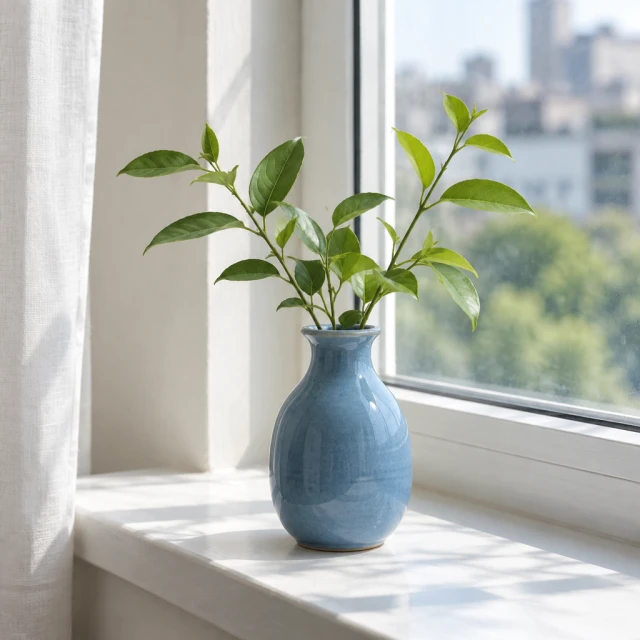 Blue ceramic vase on a sunny windowsill