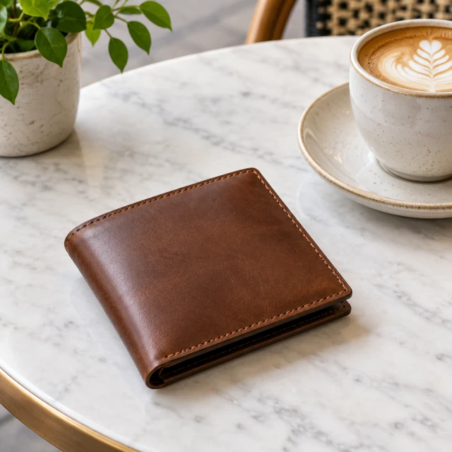 Brown leather wallet on a cafe table