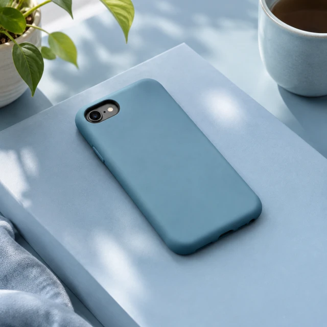 Plain sea-blue protective case with one small oval camera opening on a soft blue color block.