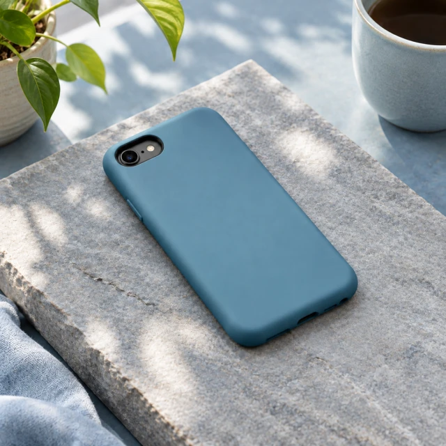 Plain sea-blue protective case with one small oval camera opening on a textured gray stone slab.