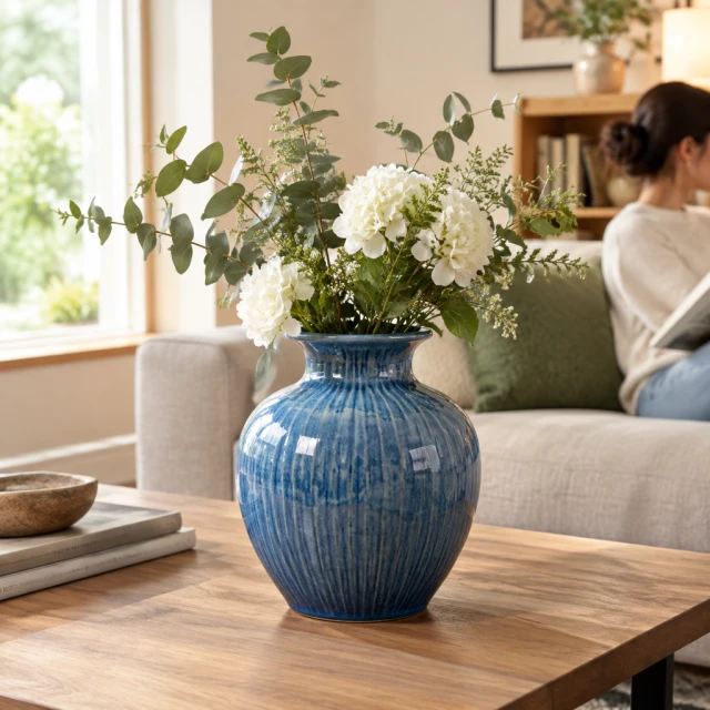 Blue ceramic vase on a simple tabletop with the original room softly visible.