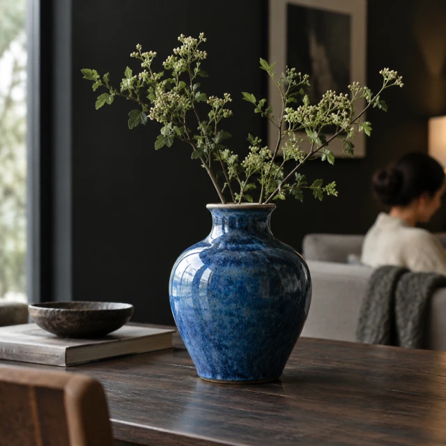 Blue ceramic vase against a dark editorial background.