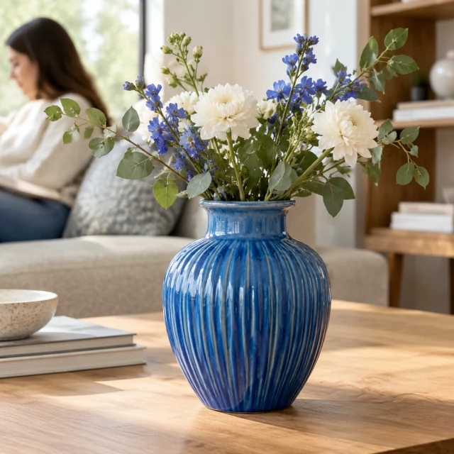 Clean edge detail around a blue ceramic vase.