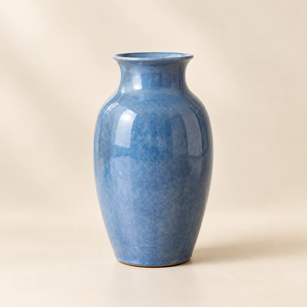 Blue ceramic vase isolated against a clean warm studio background.
