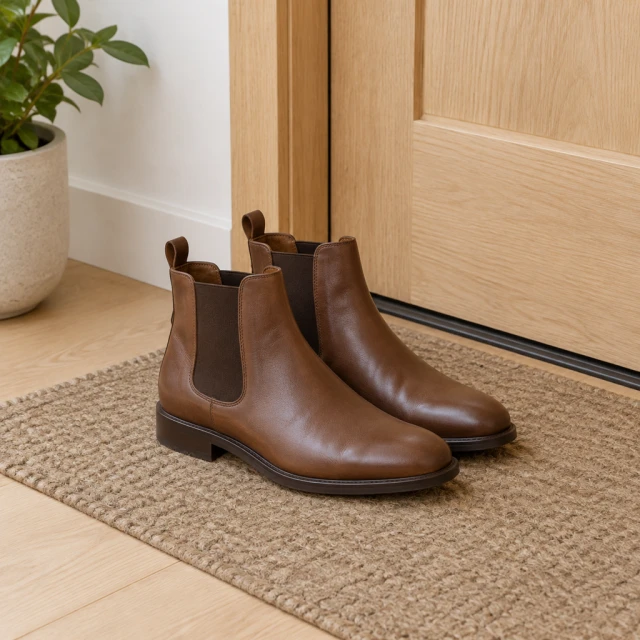 Brown leather boots beside a simple doorway