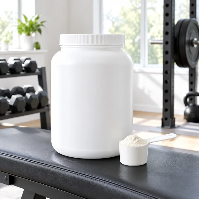 Plain protein powder tub in a quiet home gym