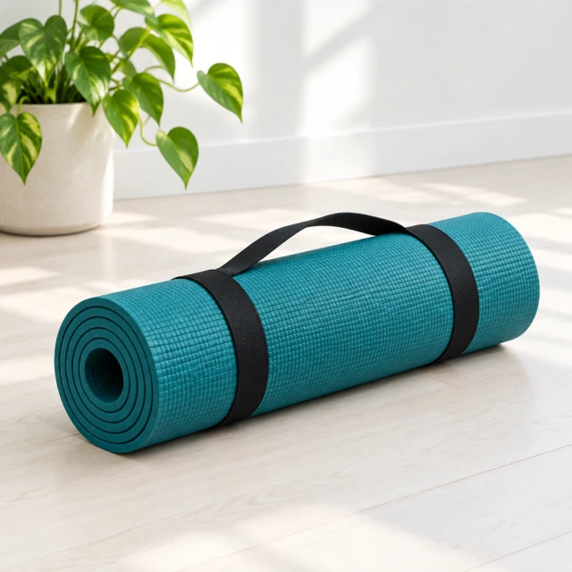Teal yoga mat in a bright uncluttered room