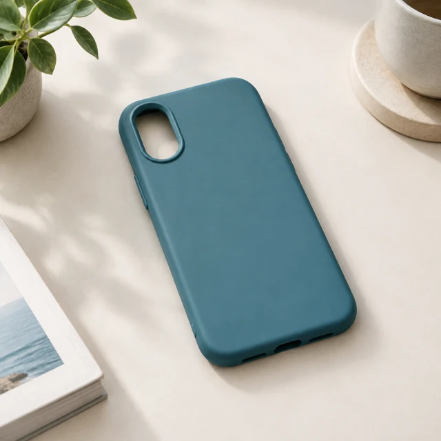 Plain sea-blue protective case with one oval camera opening on a clean pale bathroom counter; no phone visible.