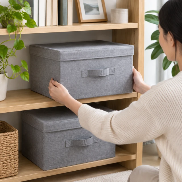 Fabric storage boxes on a tidy shelf.