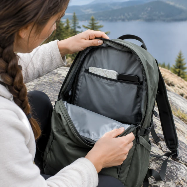 Daypack opened to show its inner pocket.