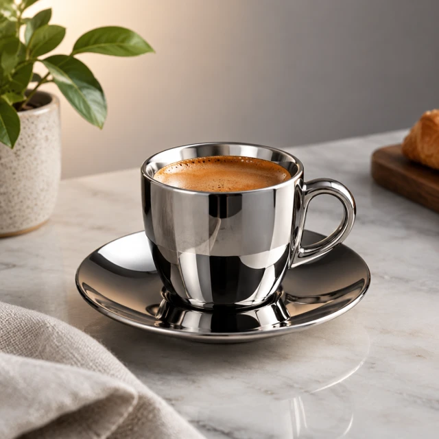 Chrome espresso cup with controlled, clean reflections on a gradient.