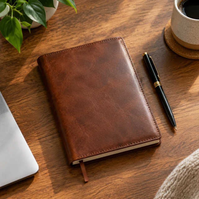 Leather notebook flat lay with a pen on a desk.