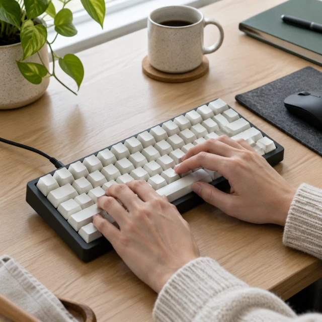 Mechanical keyboard with blank keycaps on a tidy desk.