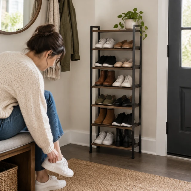 Slim shoe rack neatly filled in a small entryway.
