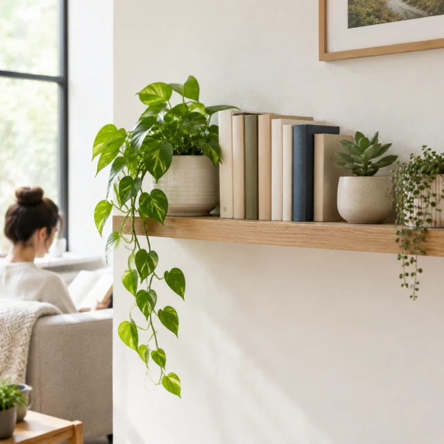 Wall shelf styled with plants and plain-spined books.