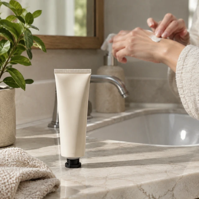 Hand cream tube by a bathroom sink.
