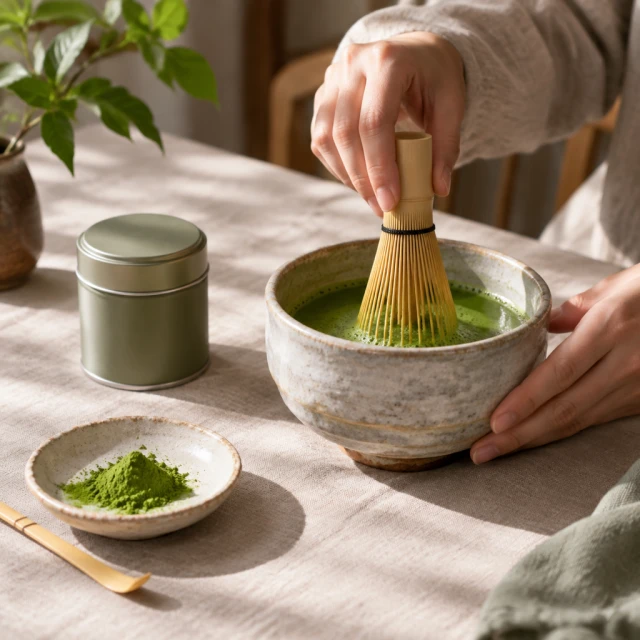Matcha whisk, bowl and tin arranged on a linen tablecloth.