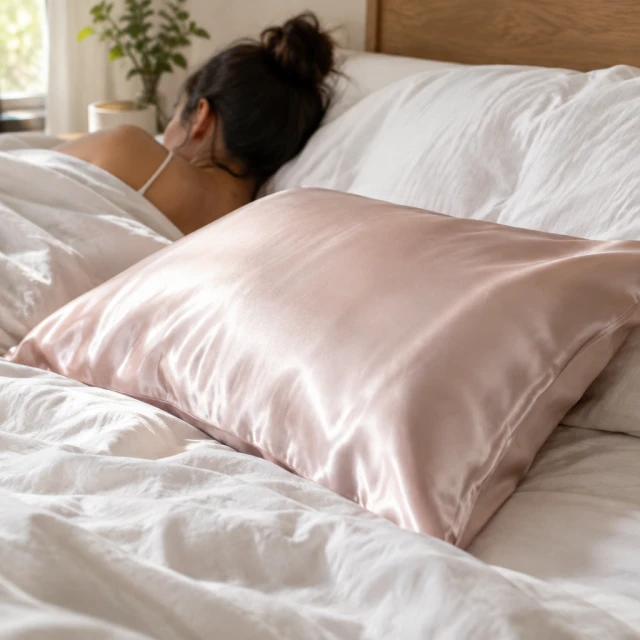 Silk pillowcase on an unmade bed in soft light.