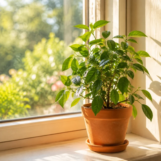 Green potted plant on a sunny windowsill