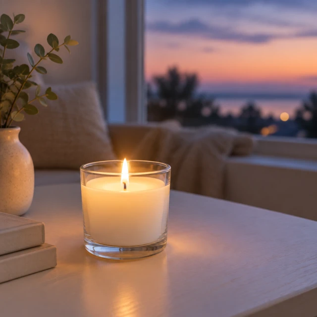 Small white candle glowing on a pale table