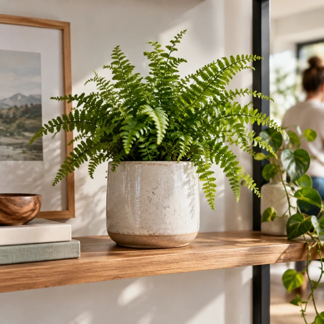 Ceramic planter with a fern on a styled shelf, wide banner framing.