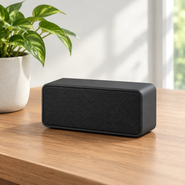 Compact rectangular Bluetooth speaker on a desk