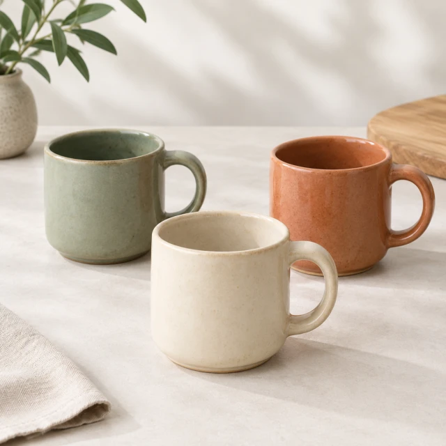 Three simple ceramic mugs in distinct glaze colors