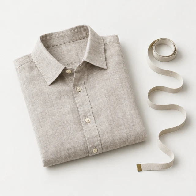 Folded linen shirt beside a measuring tape