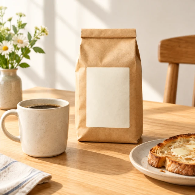 Blank kraft coffee bag on a simple breakfast table