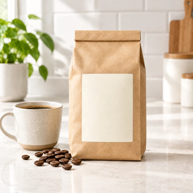 Blank kraft coffee bag on a bright kitchen counter