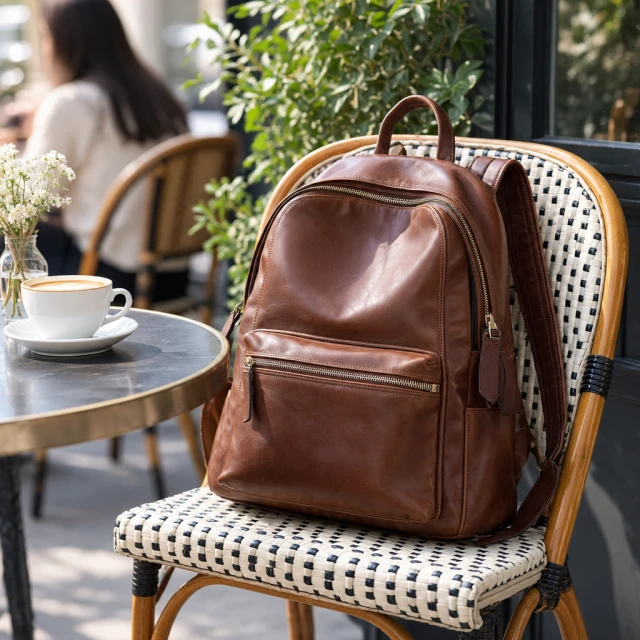 Leather backpack resting on a cafe chair.