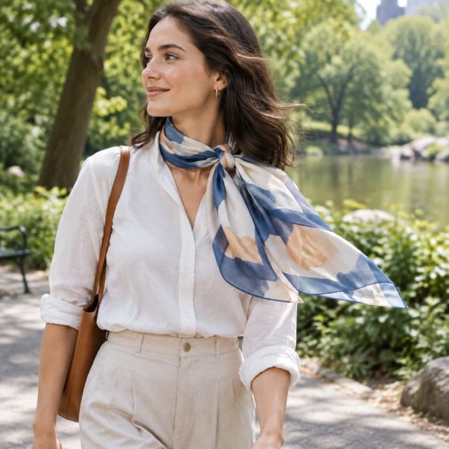 Silk scarf worn on a breezy park walk.