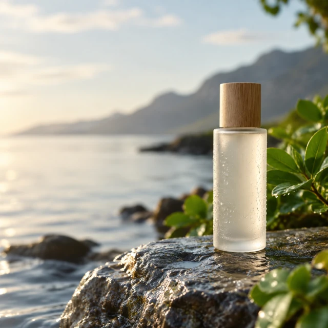 Skincare bottle on wet stone with room for text.