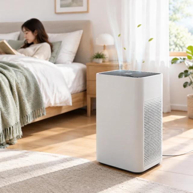 Compact rectangular air purifier with visible intake vents switched on in a bright bedroom.