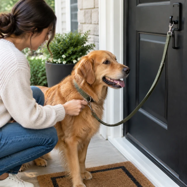 Dog leash clipped on at the front door.