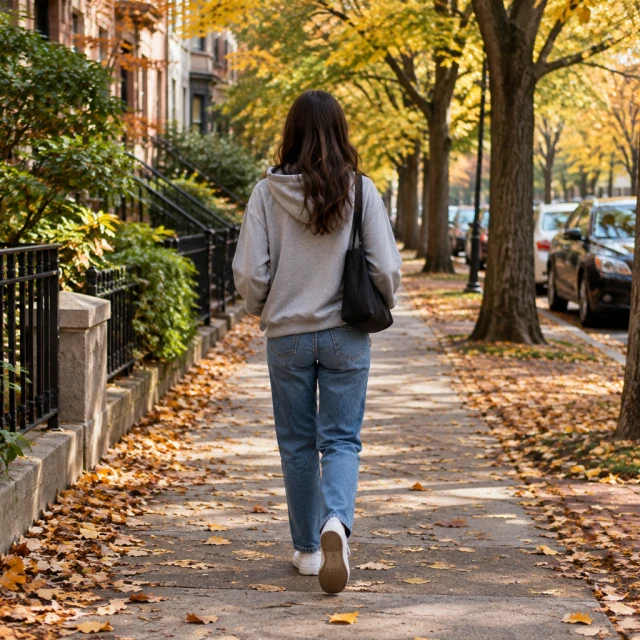 Person in a gray hoodie and jeans walking along a tree-lined autumn street, face turned away.