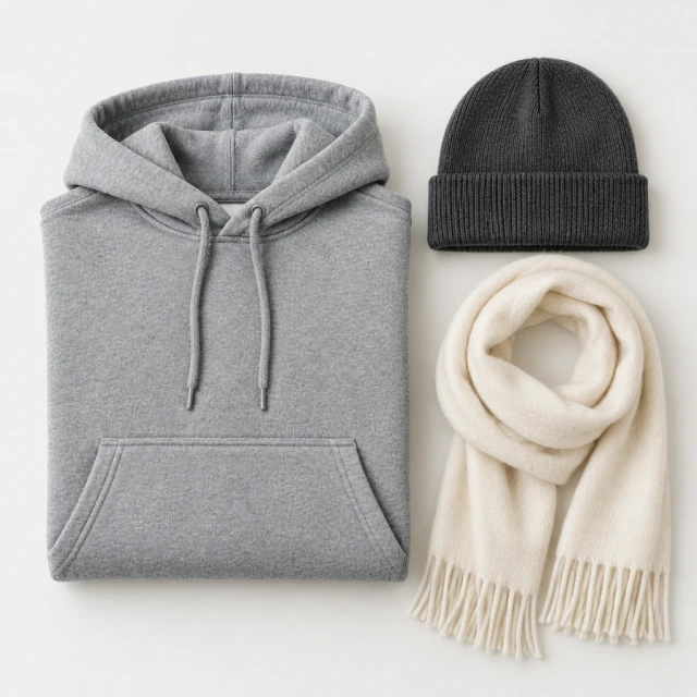 Folded gray hoodie with a knit beanie and scarf