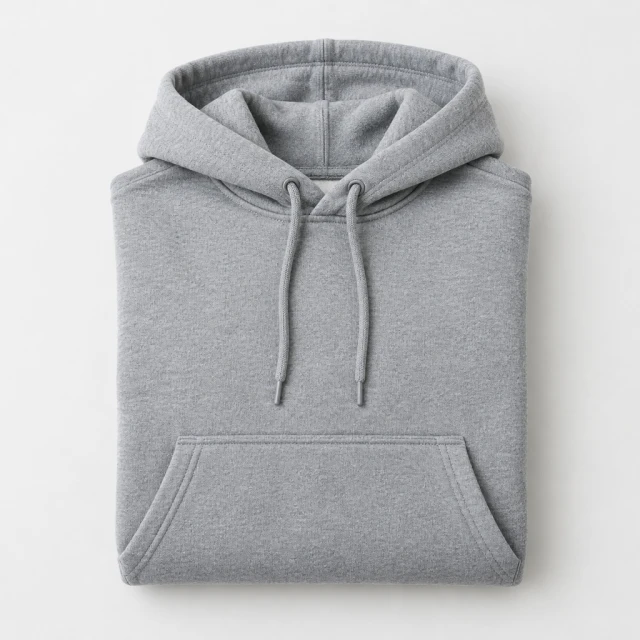 Heather-gray pullover hoodie folded on a light studio surface