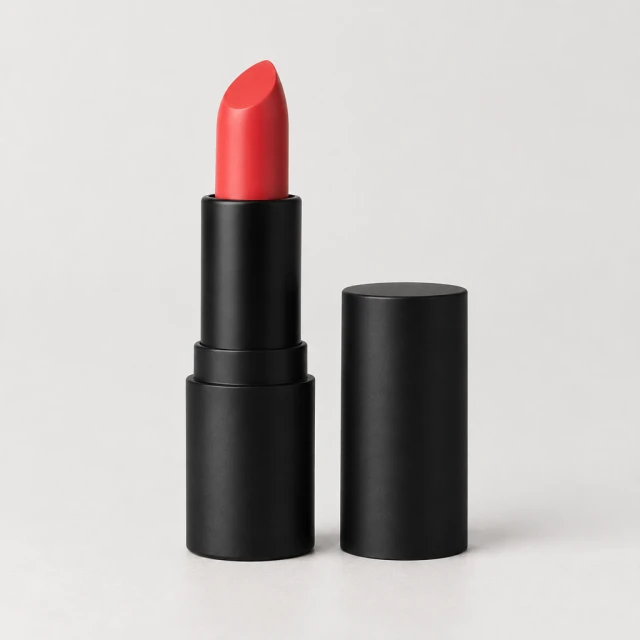 Coral lipstick in a matte black tube on a light studio surface