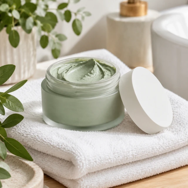 Pale green clay mask sits open on folded white towels with its lid beside the jar.