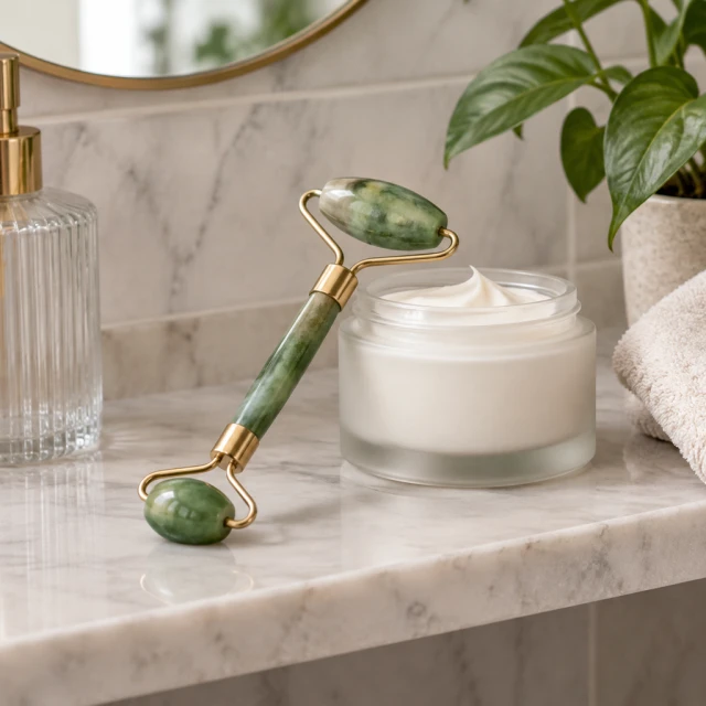 Jade face roller resting beside a jar of cream on a bathroom shelf.