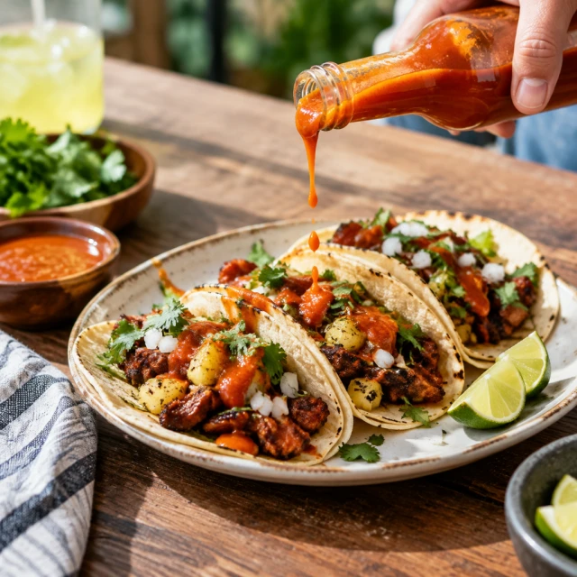 Hot sauce dashed over street tacos.